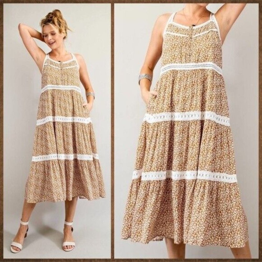 EASEL Racerback Floral Print Lace Trim Tiers Midi - Maxi Ruffled Hem - Picture 6 of 16